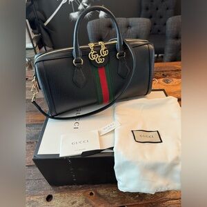 Gucci Leather Ophidia Medium Boston Bag